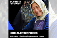 Business Sydney report cover titled “Social Enterprises: Unlocking Life Changing Economic Power,” featuring a smiling woman in a headscarf and apron.